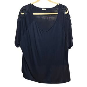 Avenue Women Tunic Top S Navy‎ Cold Shoulder Crochet Sleeve Boho Chic Slouchy